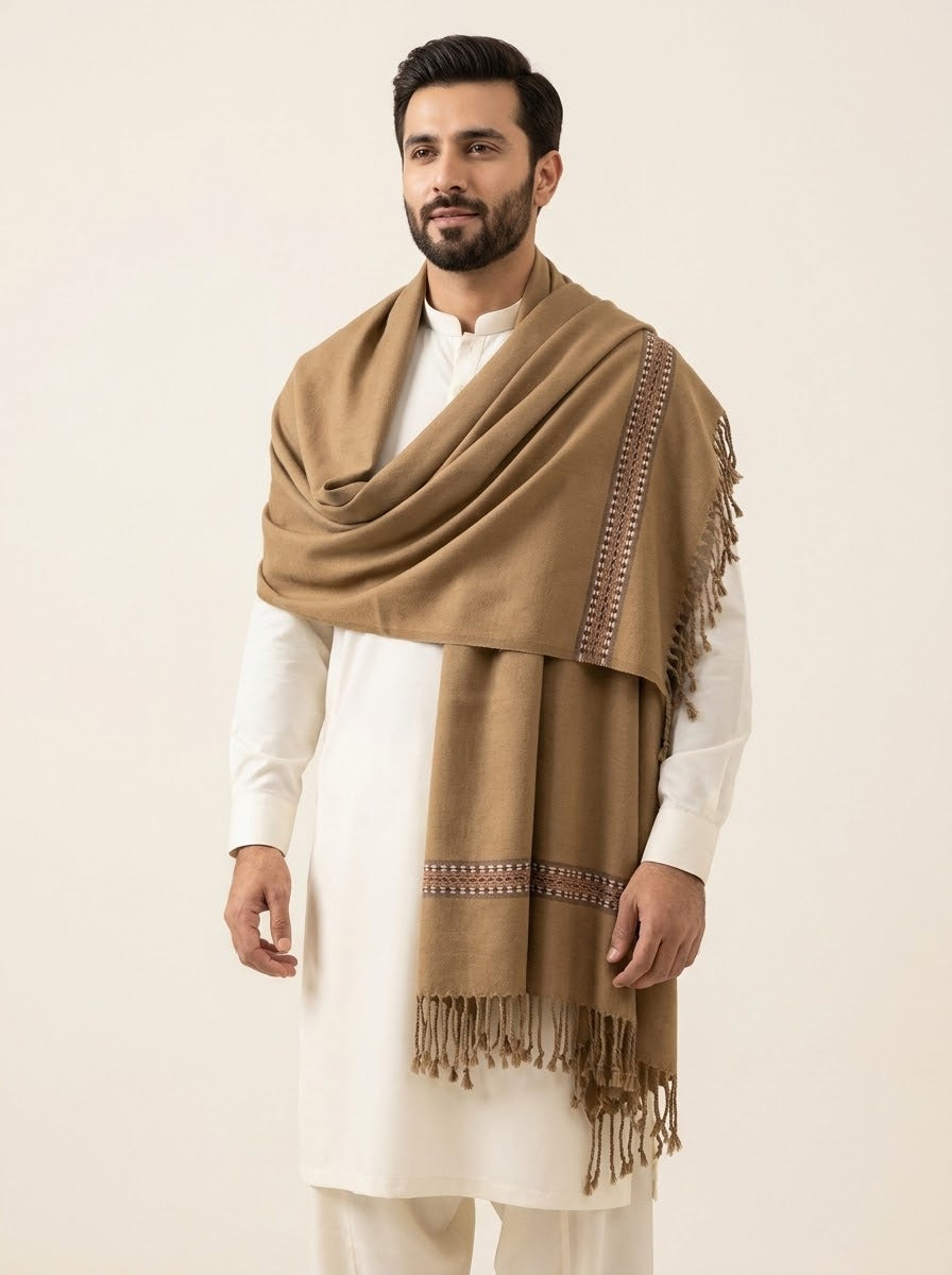 Man wearing J. camel wool shawl