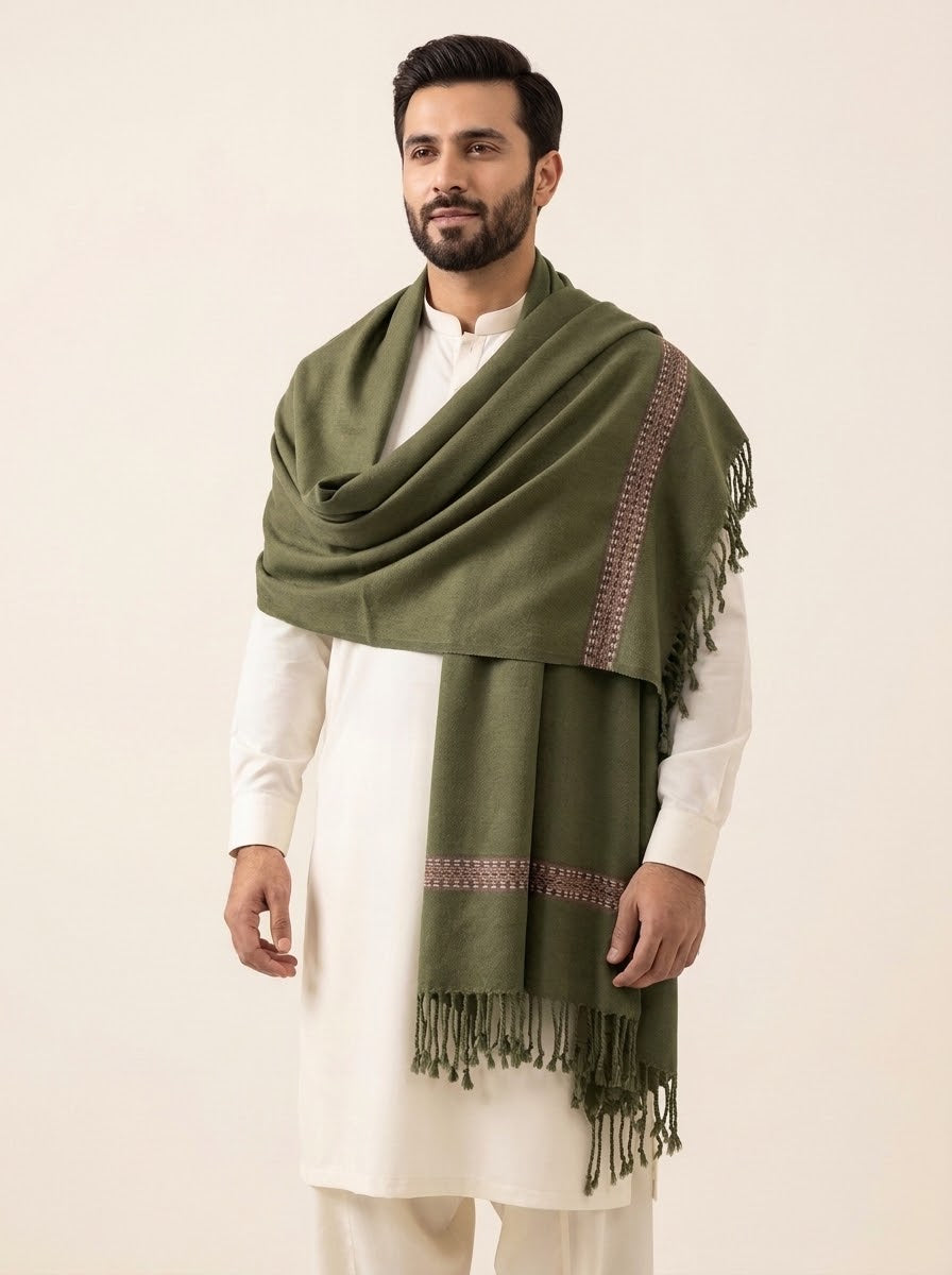 Man wearing J. olive wool shawl