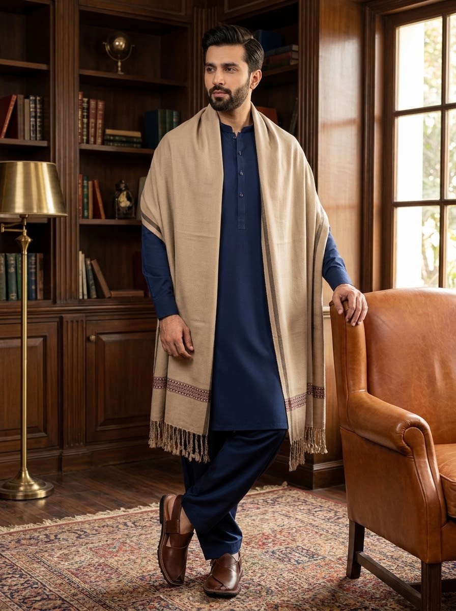 Man wearing J. beige wool shawl