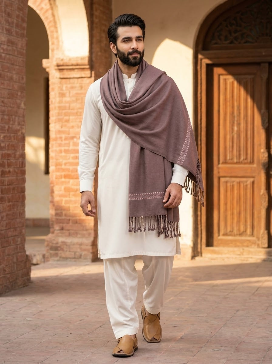 Man wearing J. mocha wool shawl