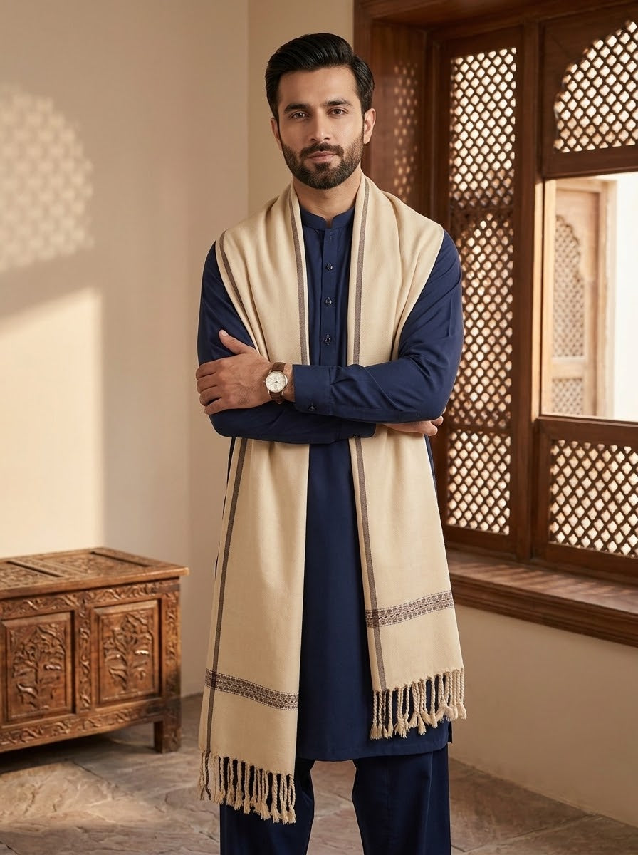 Man wearing J. cream wool shawl