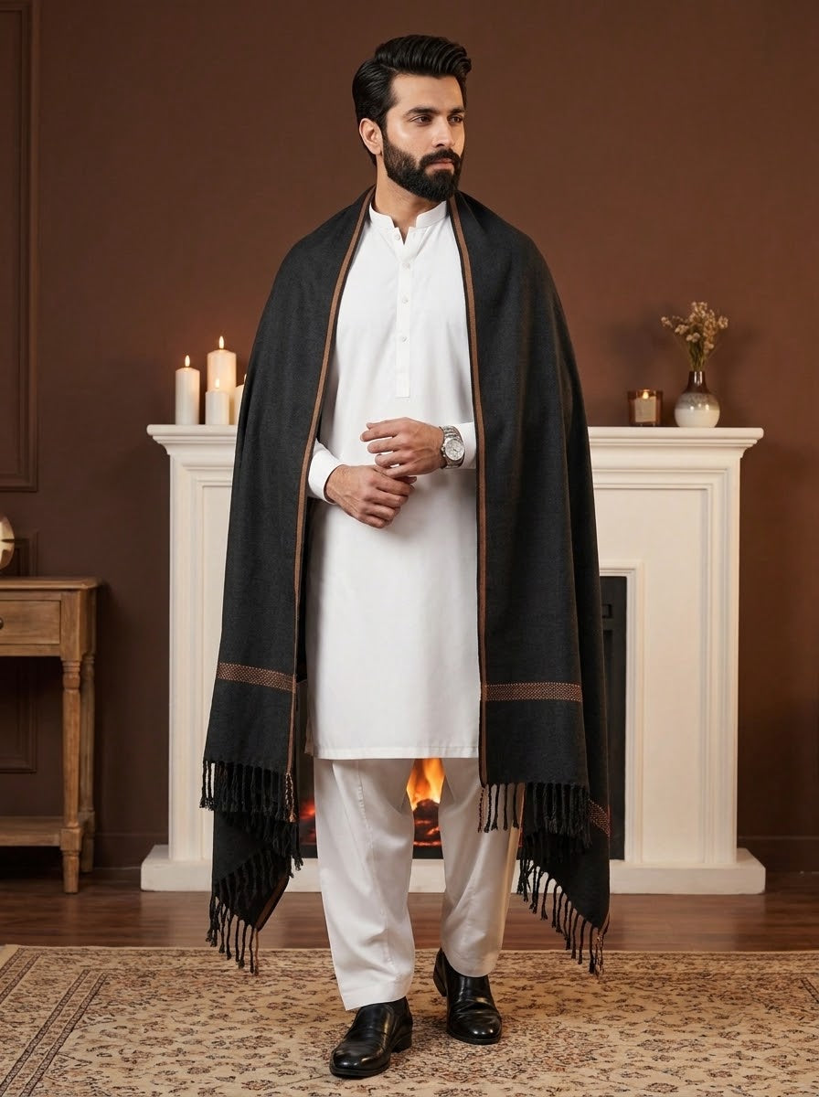 Man wearing J. charcoal wool shawl