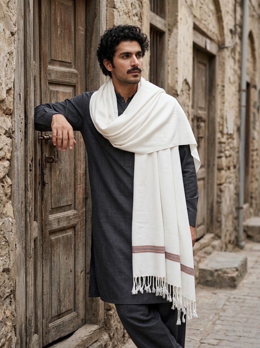 Man wearing J. white wool shawl