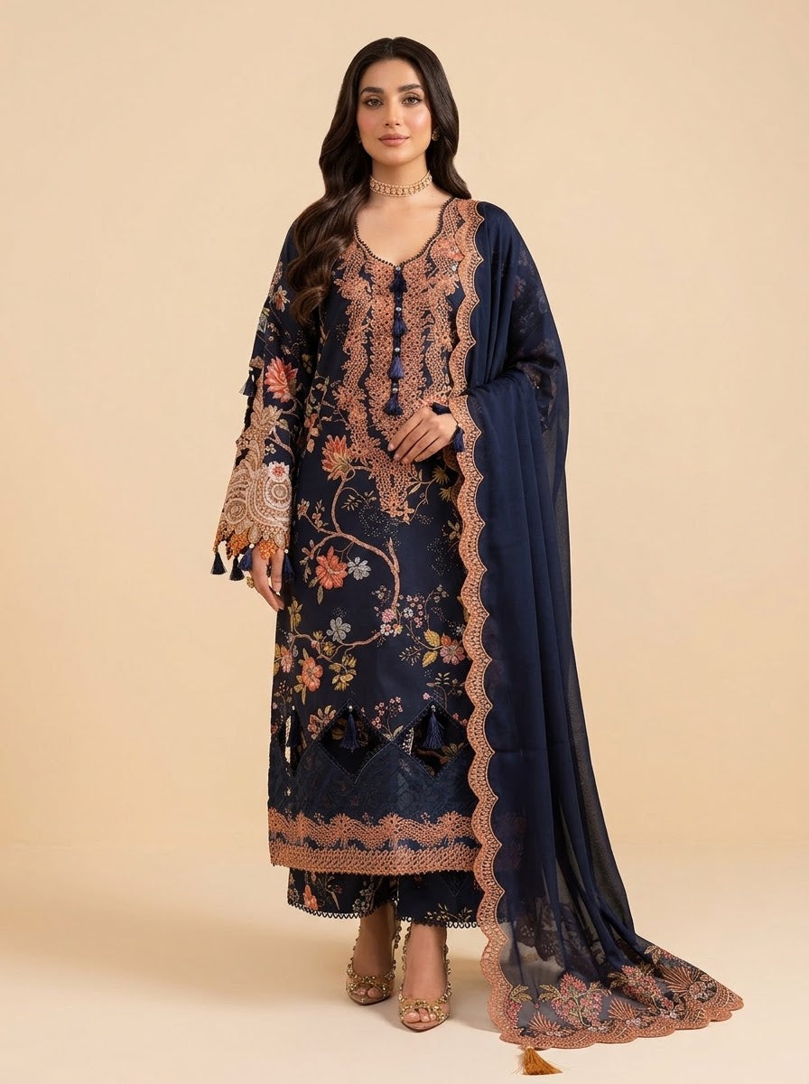 Noor navy printed linen 3 piece unstitched suit - front view