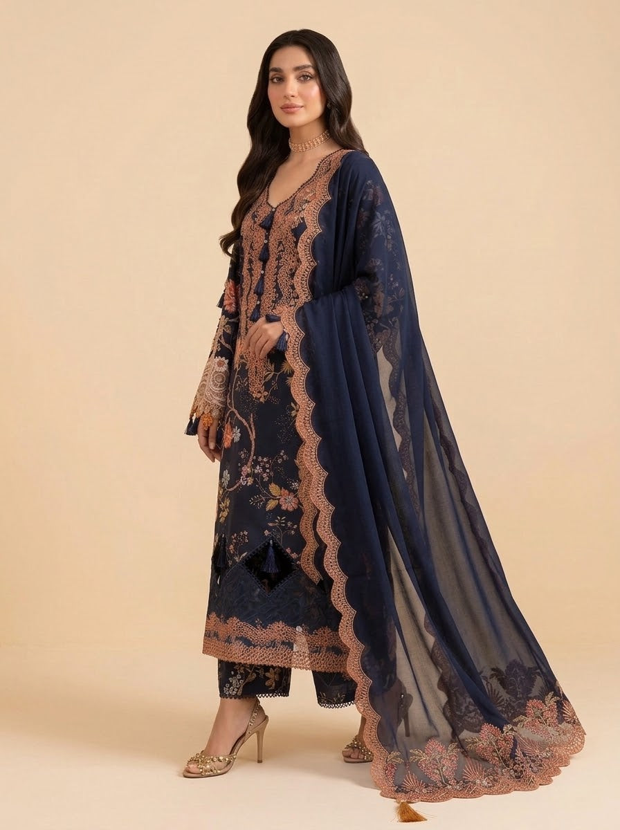 Noor navy printed linen 3 piece unstitched suit - side view