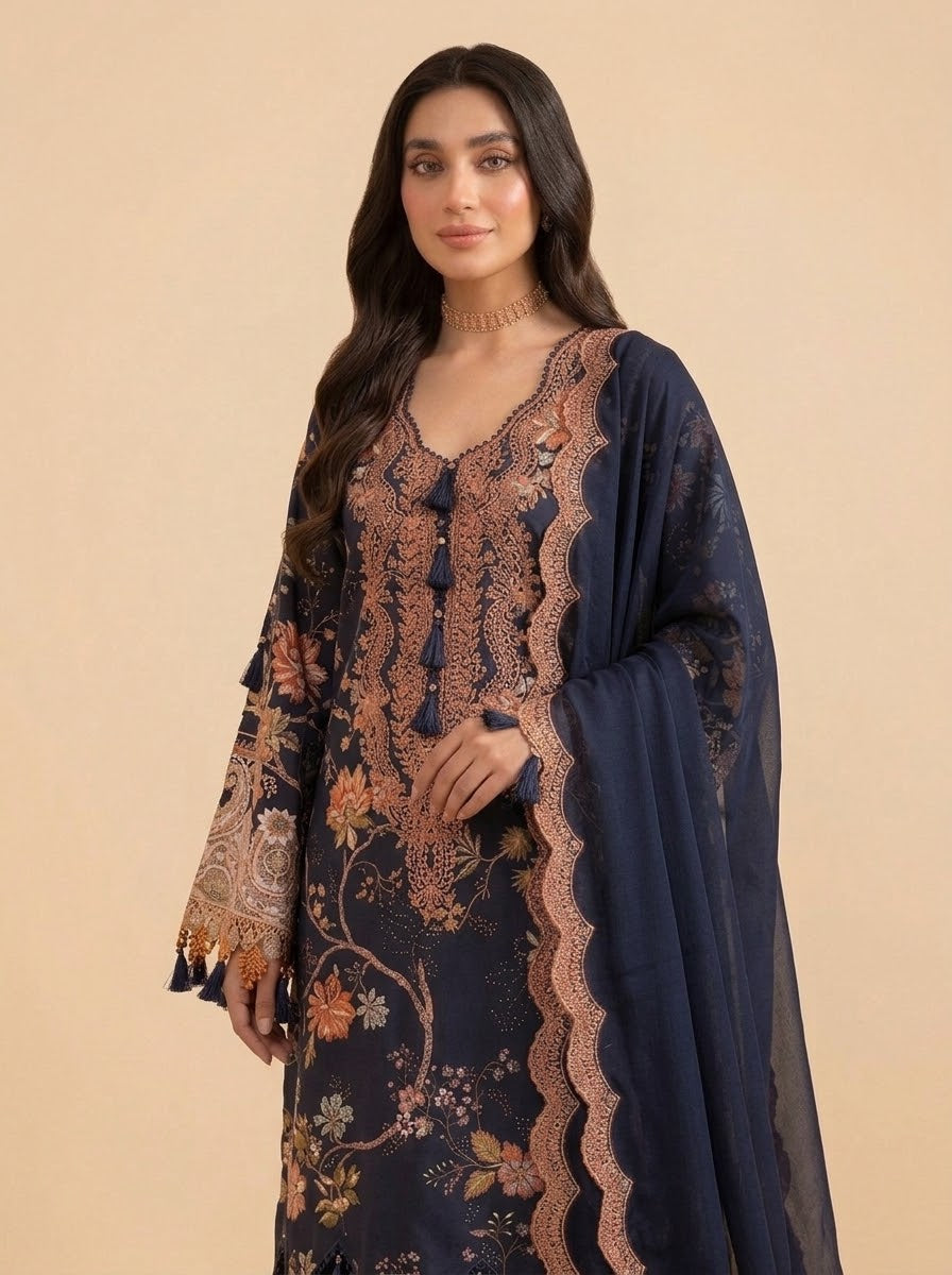 Noor navy printed linen suit - print close-up