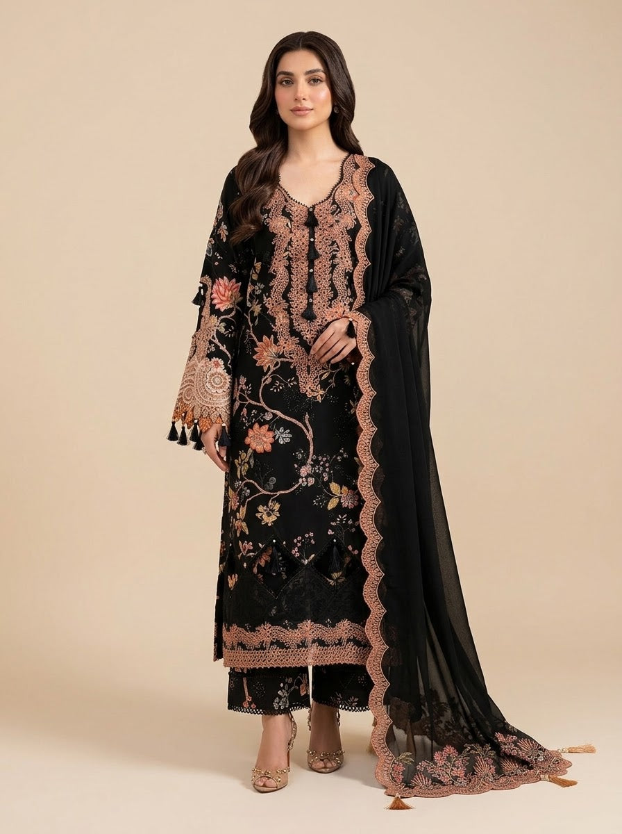 Shafaq black and peach printed linen 3 piece unstitched suit - front view
