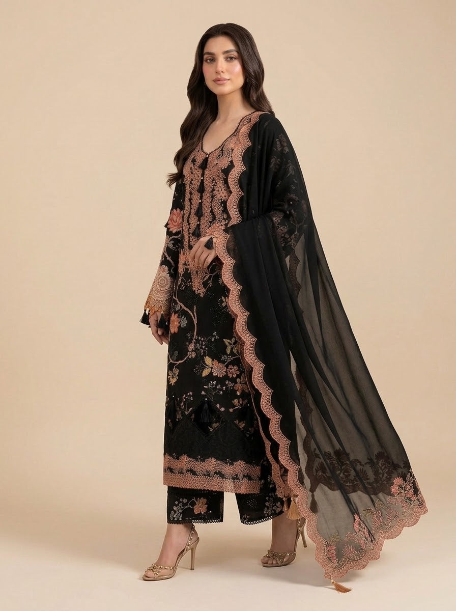 Shafaq black and peach printed linen 3 piece unstitched suit - side view