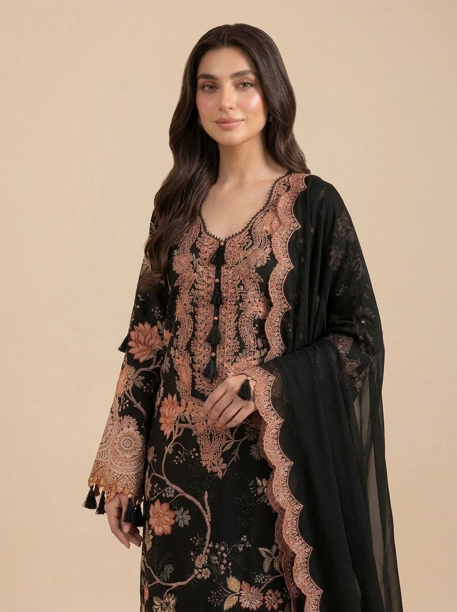 Shafaq black and peach printed linen suit - print close-up