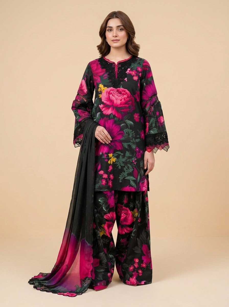 Gulnar black and pink printed linen 3 piece unstitched suit - front view