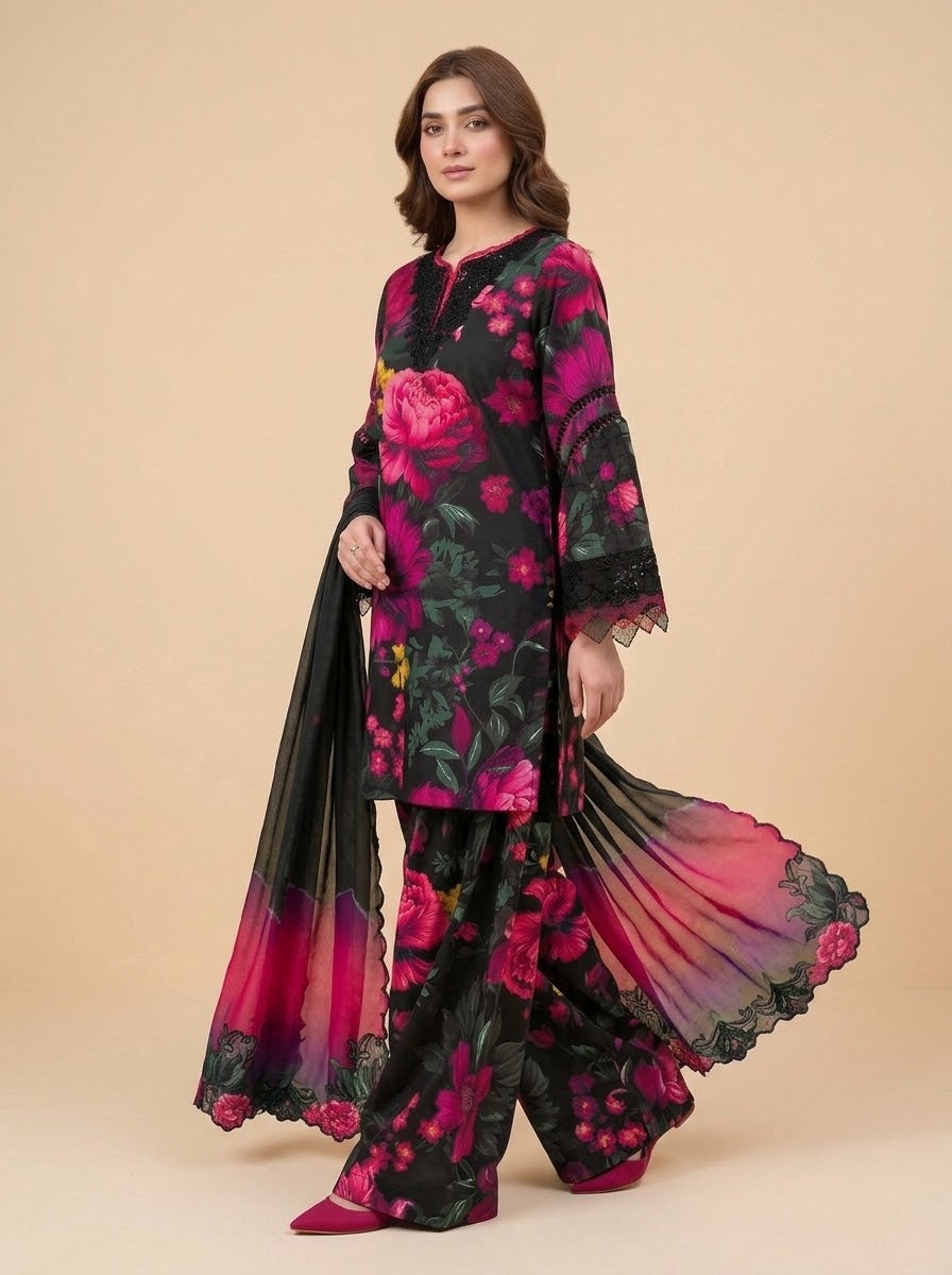 Gulnar black and pink printed linen 3 piece unstitched suit - side view