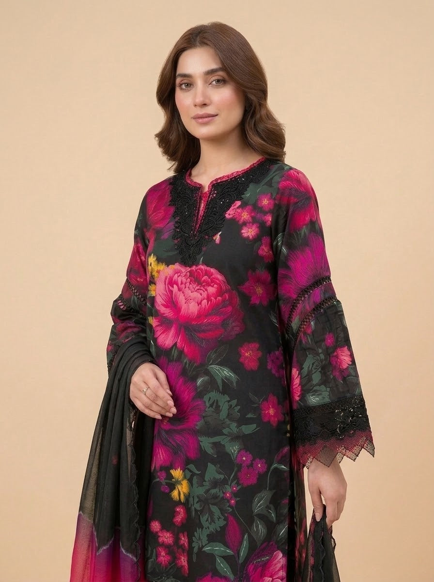 Gulnar black and pink printed linen suit - print close-up