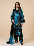 Neelum black and blue printed linen 3 piece unstitched suit - front view