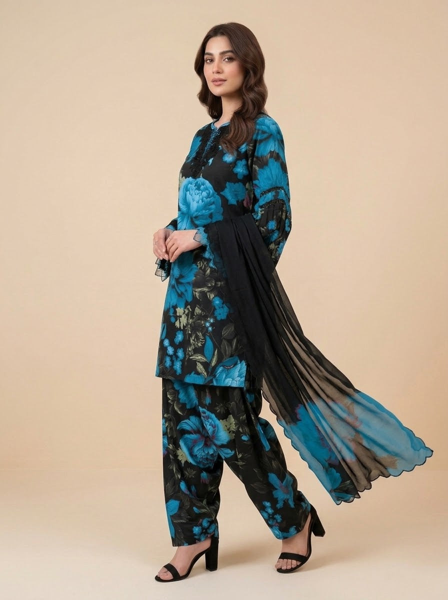 Neelum black and blue printed linen 3 piece unstitched suit - side view