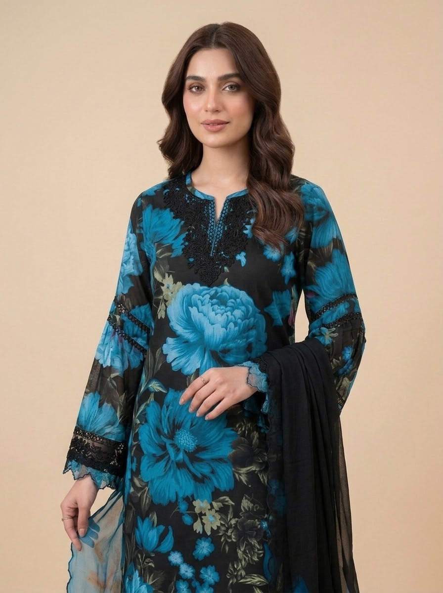 Neelum black and blue printed linen suit - print close-up