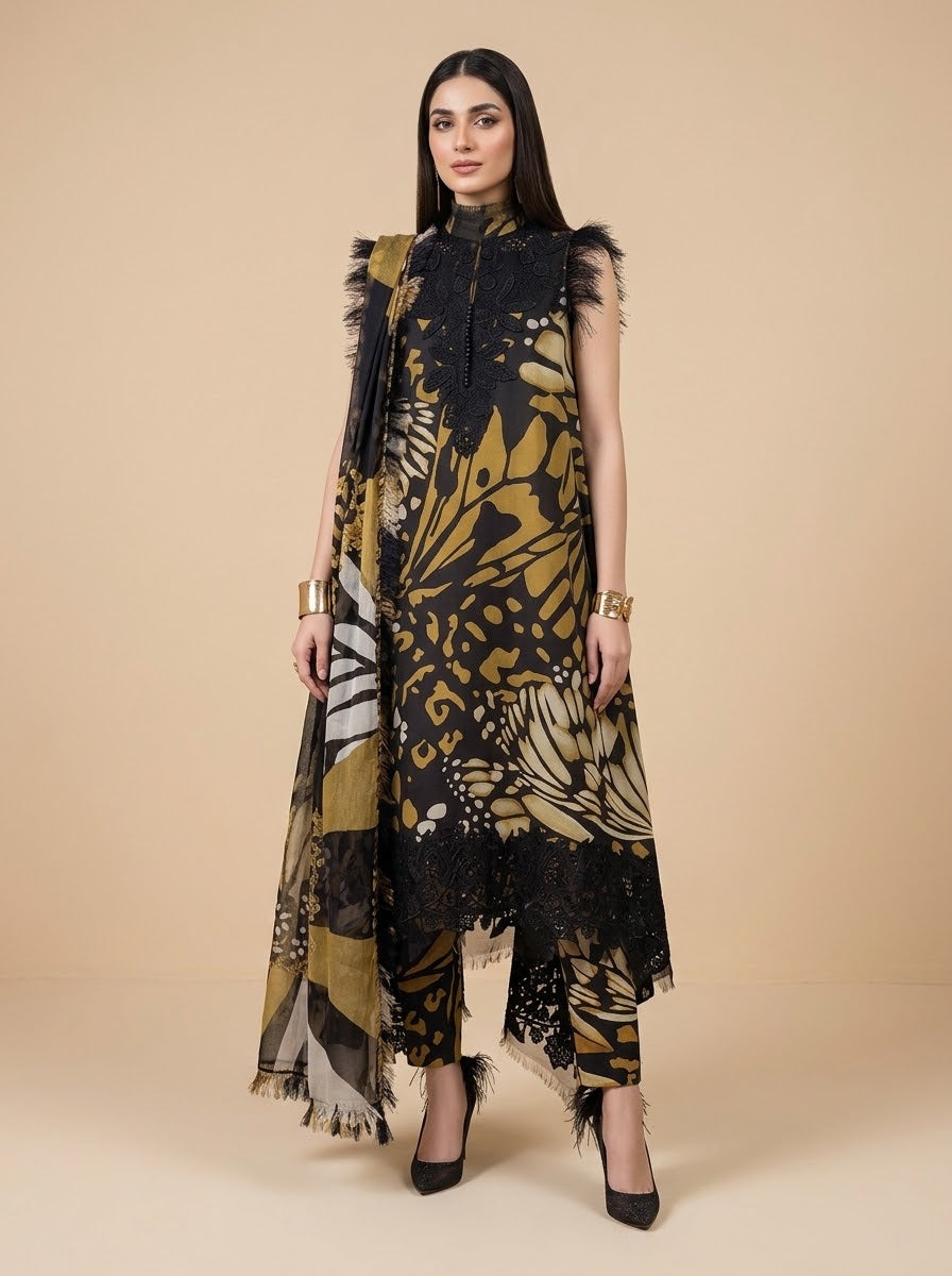 Zarnaab black, olive and gold printed linen 3 piece unstitched suit - front view