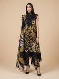 Zarnaab black, olive and gold printed linen 3 piece unstitched suit - front view