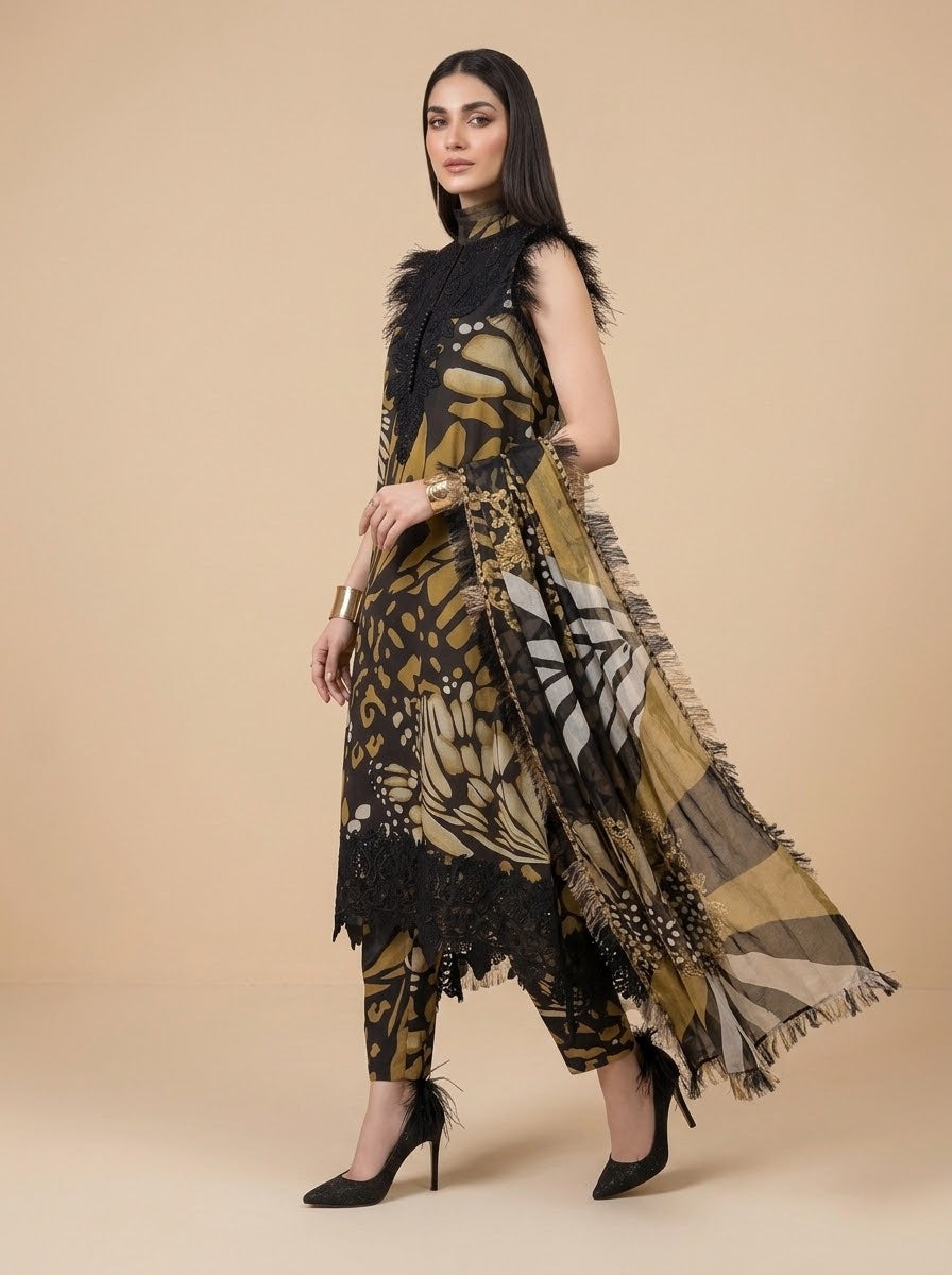 Zarnaab black, olive and gold printed linen 3 piece unstitched suit - side view