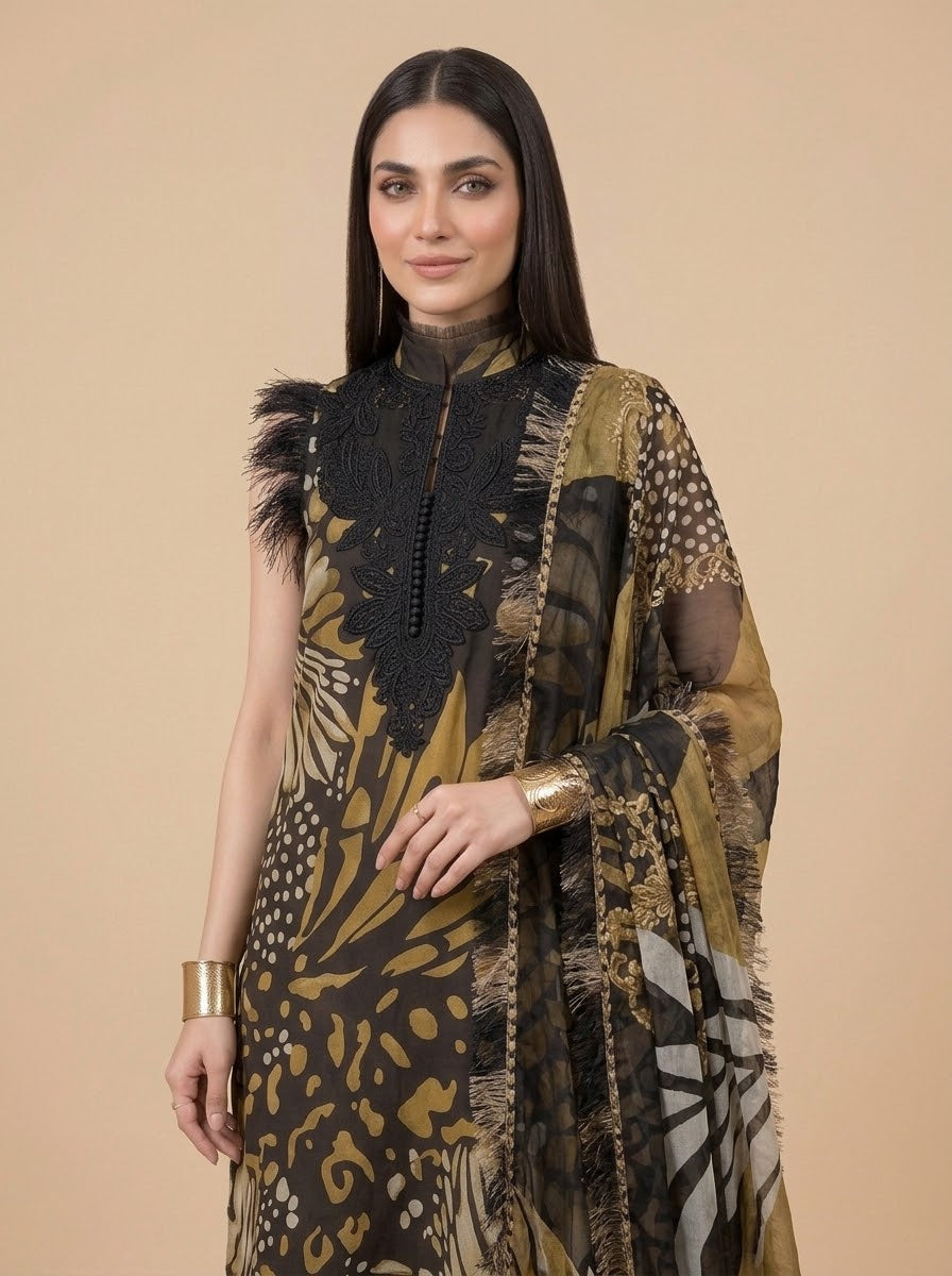 Zarnaab black, olive and gold printed linen suit - print close-up