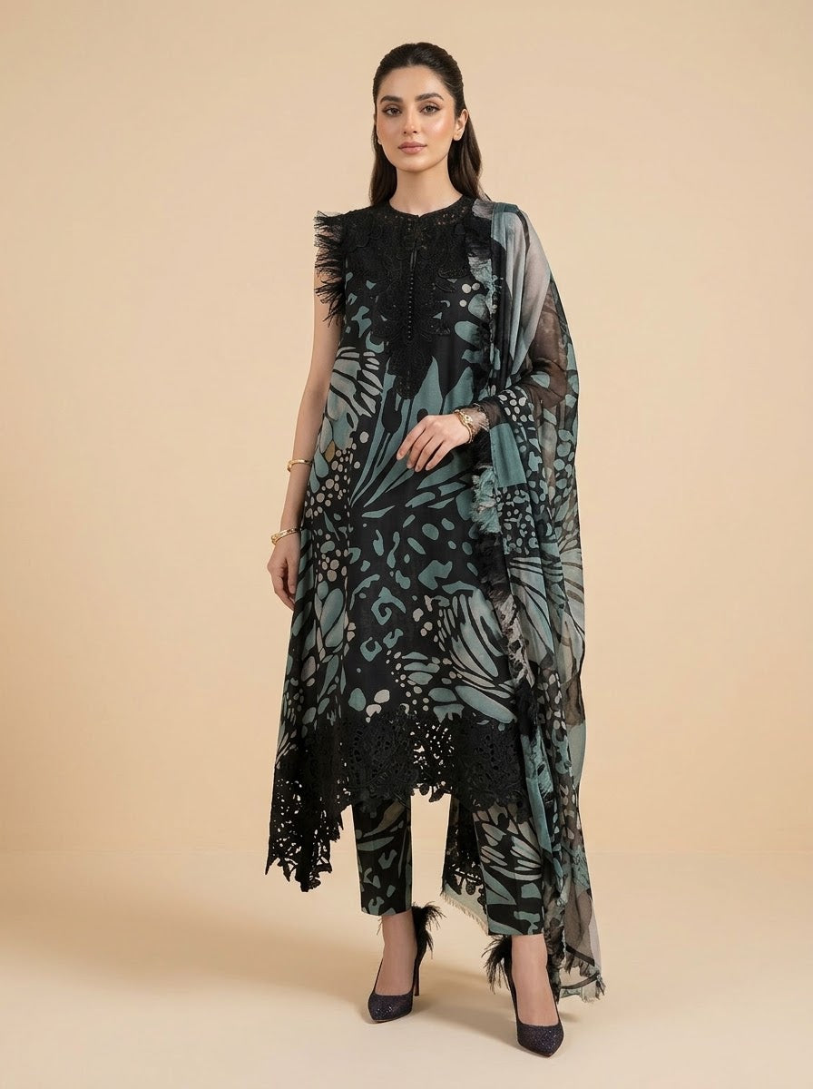 Firoza black and teal printed linen 3 piece unstitched suit - front view