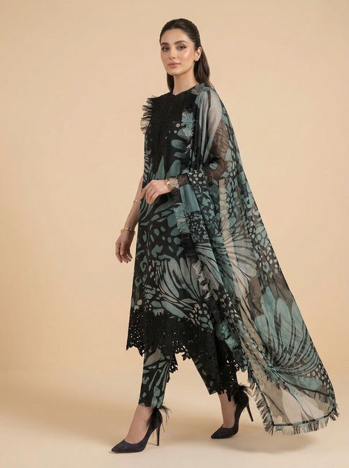 Firoza black and teal printed linen 3 piece unstitched suit - side view