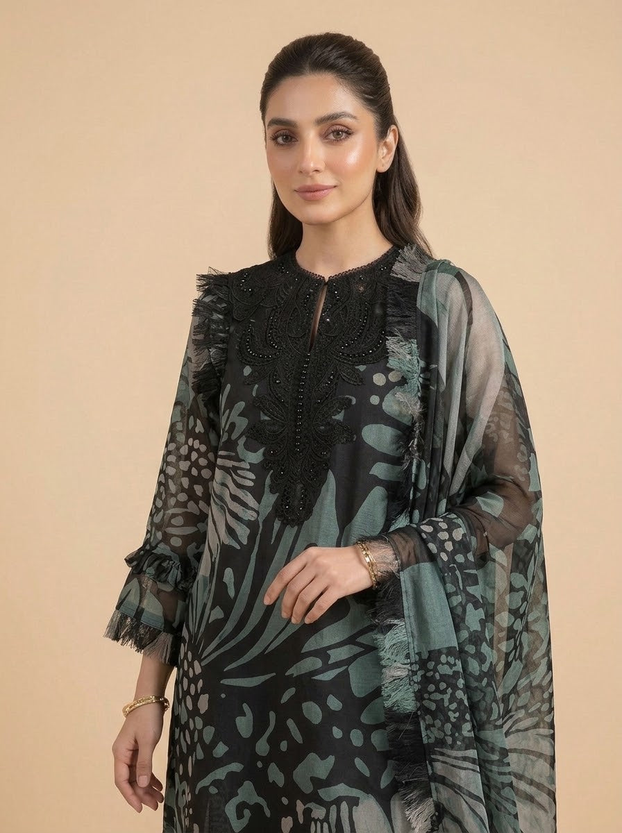 Firoza black and teal printed linen suit - print close-up